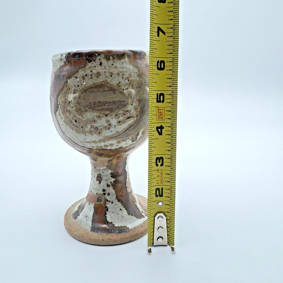 Studio Art Pottery Goblet Chalice Cup Textured Glazed Brown Gray Stoneware Wine - Picture 8 of 9